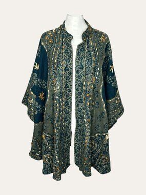 Paper + Lace Embroidered Paisley Boho Poncho in Teal & Gold, Free Size.